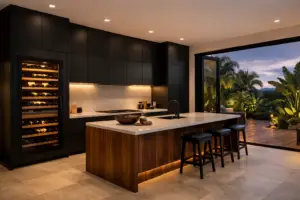 Cuisine design noir mat avec îlot bois et cave à vin en Martinique