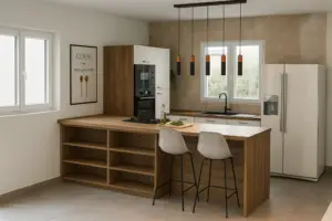 Cuisine sur mesure avec îlot bois et rangements ouverts