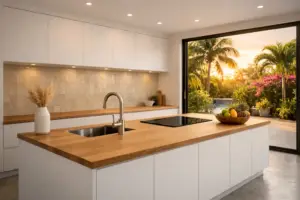 Cuisine sur mesure avec îlot central et plan bois en Martinique