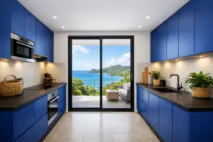 Rendu 3D cuisine bleu roi en Martinique avec vue mer