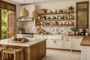 Cuisine sur mesure style créole moderne avec étagères bois