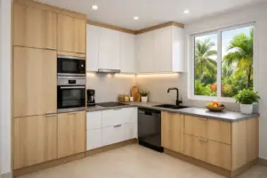 Plan 3D cuisine en L avec optimisation des rangements