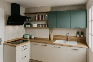 Cuisine compacte sur mesure vert sauge et bois