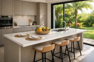 Rendu 3D cuisine contemporaine avec îlot snack