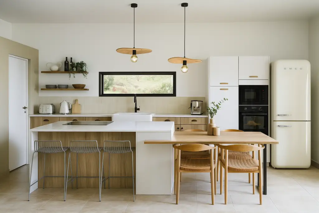 Rendu 3D cuisine blanche et bois avec électroménager intégré