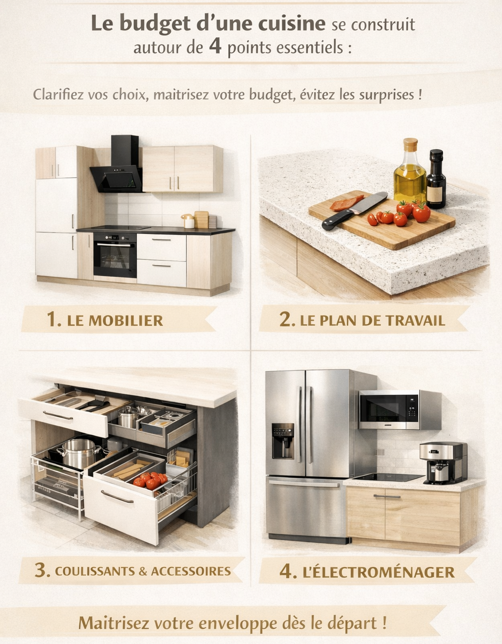 Infographie Lagencer : budget d’une cuisine en Martinique, 4 postes clés (mobilier, plan de travail, accessoires, électroménager).