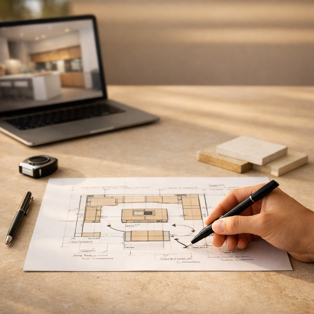 Conception d’une cuisine sur mesure : plan d’implantation dessiné à la main sur une feuille avec flèches de circulation, échantillons de matériaux et ordinateur affichant un rendu 3D de cuisine en arrière-plan, ambiance minimaliste et lumineuse.