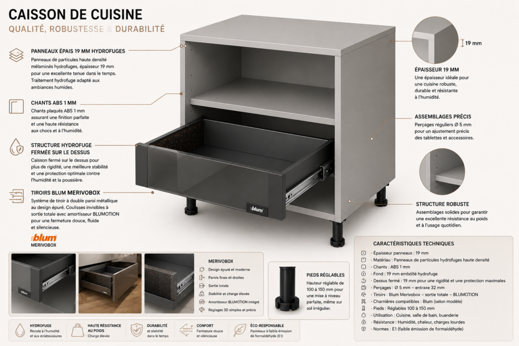 Caisson de cuisine 19 mm hydrofuge avec tiroir Blum Merivobox