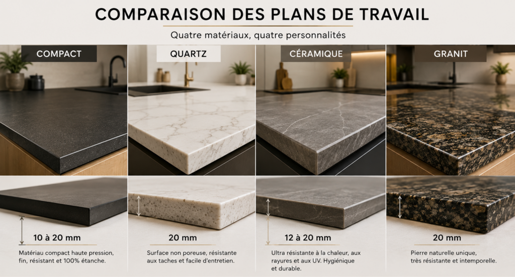 Comparatif des plans de travail cuisine compact quartz céramique et granit