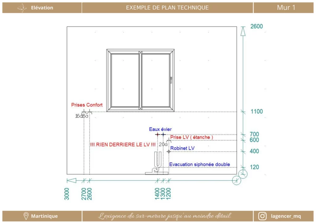 Exemple de plan technique de cuisine sur mesure réalisé par Lagencer en Martinique