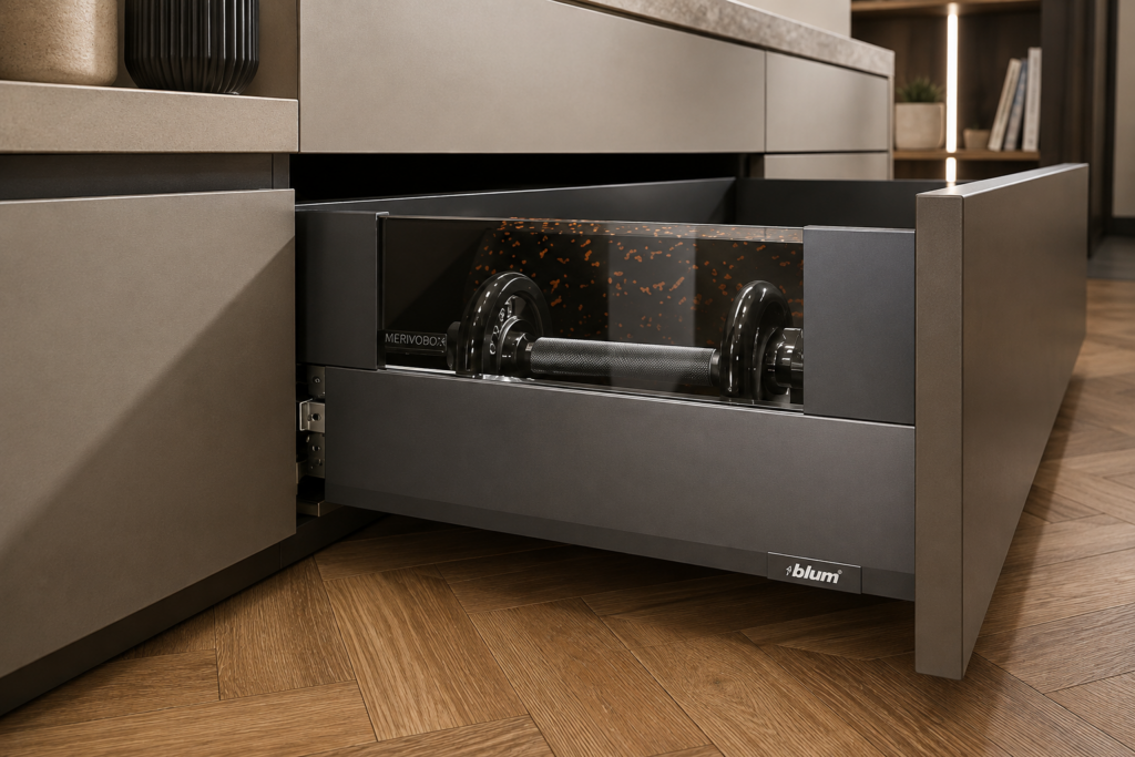 Tiroir Blum Merivobox avec fermeture amortie dans une cuisine sur mesure