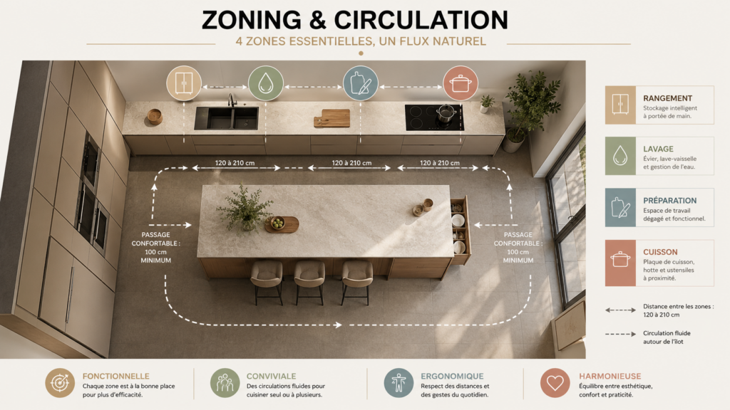 Zoning et circulation d’une cuisine avec îlot central et zones rangement, lavage, préparation et cuisson