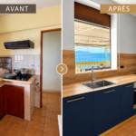 Avant après d’une cuisine sur mesure Bleu Cosmique et bois à Fort-de-France en Martinique