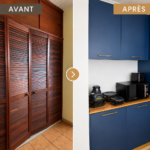 Avant après d’un espace de rangement de cuisine Bleu Cosmique sur mesure à Fort-de-France en Martinique