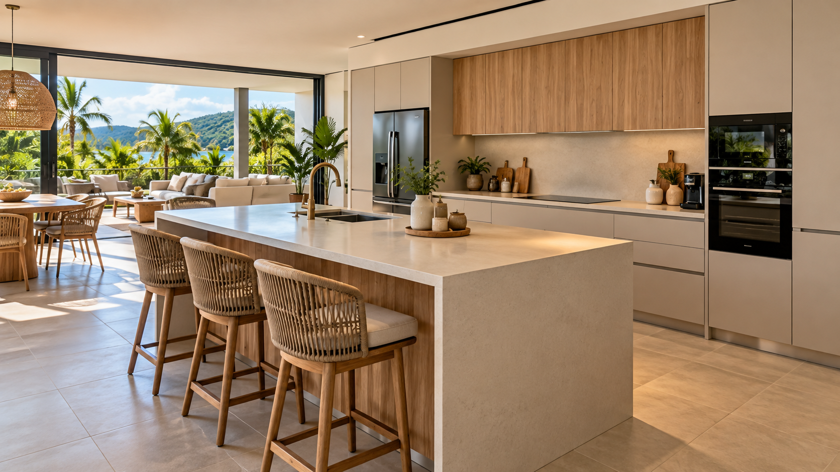 Cuisine sur mesure en Martinique avec îlot central, rangements optimisés et matériaux adaptés à un intérieur tropical